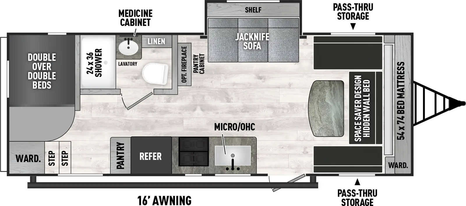 The 252DBUS has one slideout and one entry. Exterior features front pass-through storage and 16 foot awning. Interior layout front to back: space saver design hidden wall bed with door side wardrobe; off-door side jack knife sofa slideout with shelf; door side entry, kitchen counter with sink and cooktop, overhead cabinet and microwave, refrigerator and pantry; pantry cabinet with optional fireplace along inner wall of off-door side full bathroom with medicine cabinet and linen closet; rear double over double bunks with door side steps to upper bunk and wardrobe.